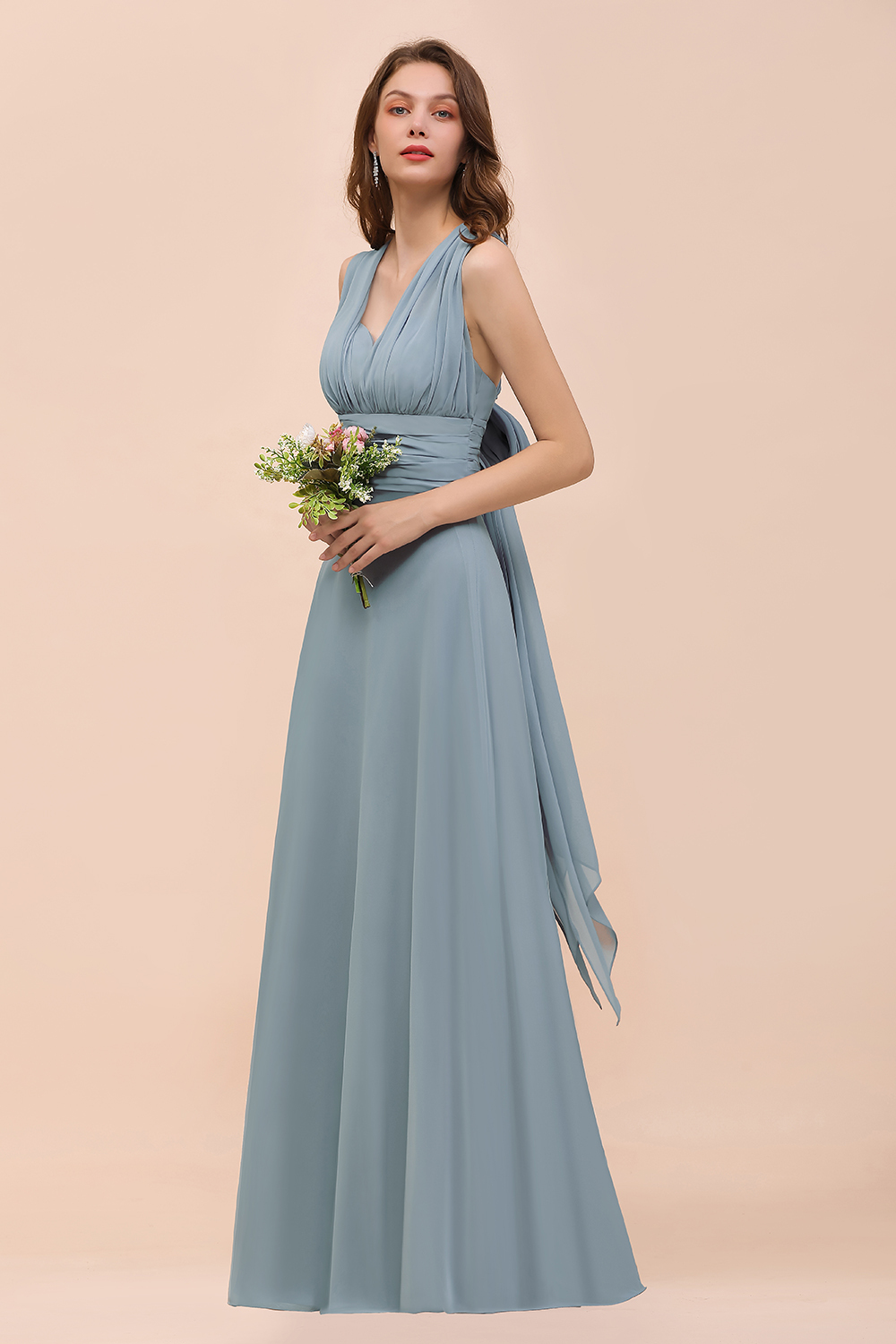 BMbridal New Arrival Dusty Blue Ruched Long Convertible Bridesmaid Dresses-BMbridal
