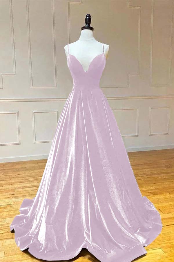 Spaghetti Strap V Neck Sleeveless Long Prom Dress With Pleated