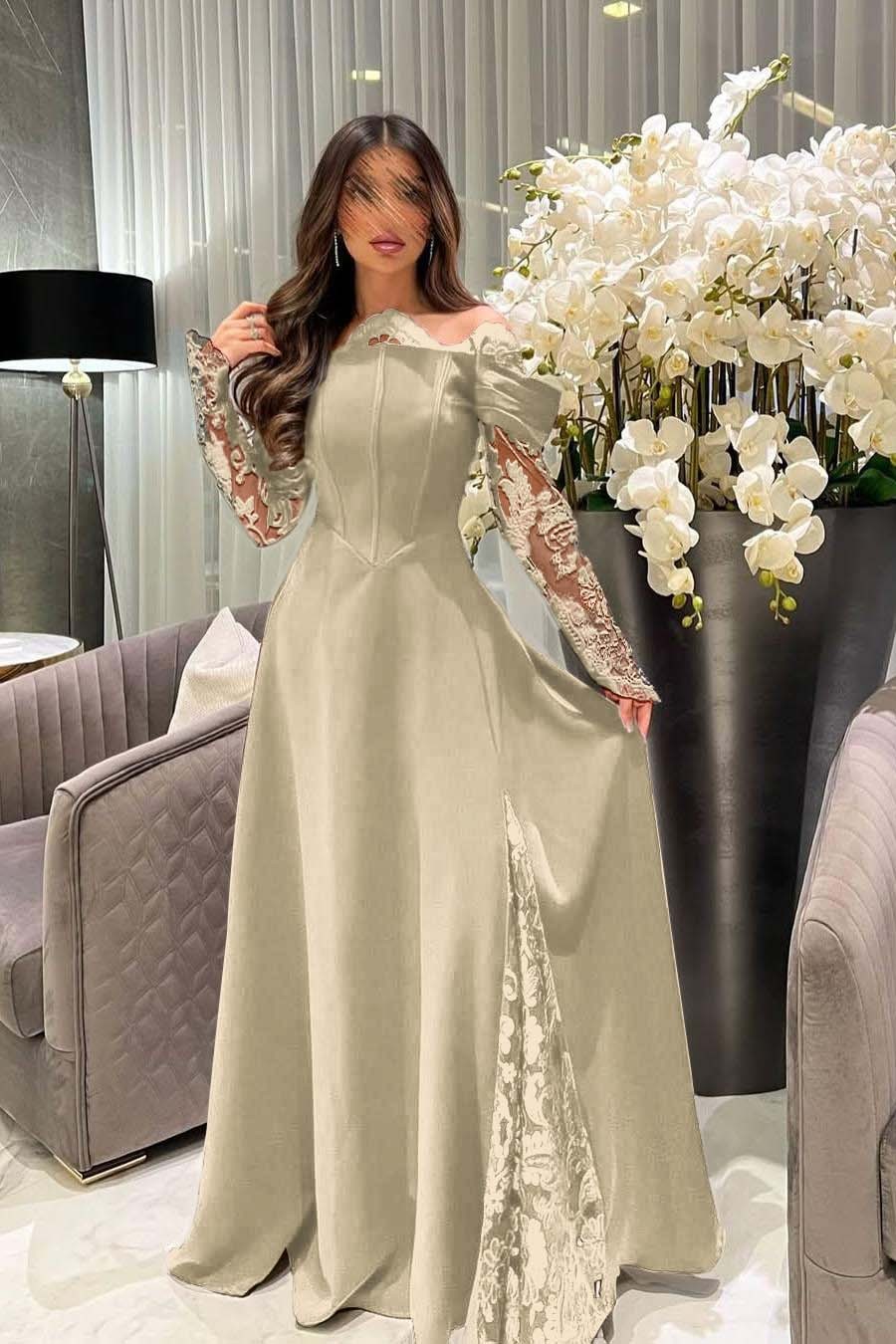 White Off the Shoulder Long Sleeves Long Prom Dress With Appliques