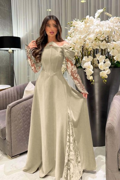 White Off the Shoulder Long Sleeves Long Prom Dress With Appliques