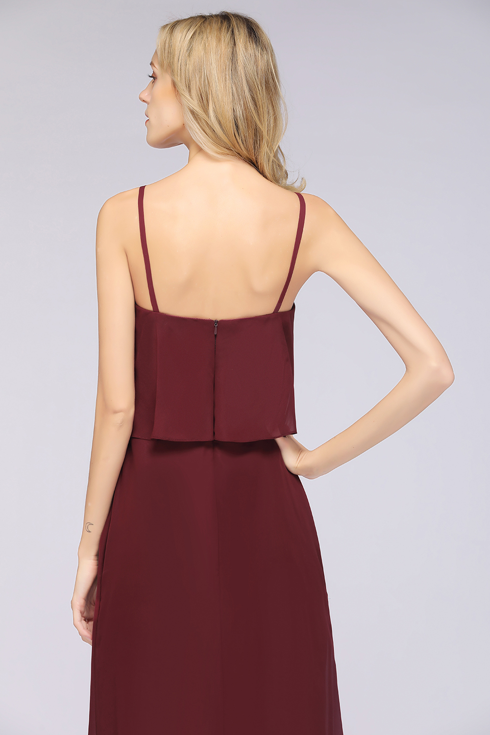 BMbridal Affordable Spaghetti-Straps V-Neck Burgundy Chiffon Bridesmaid Dresses-BMbridal