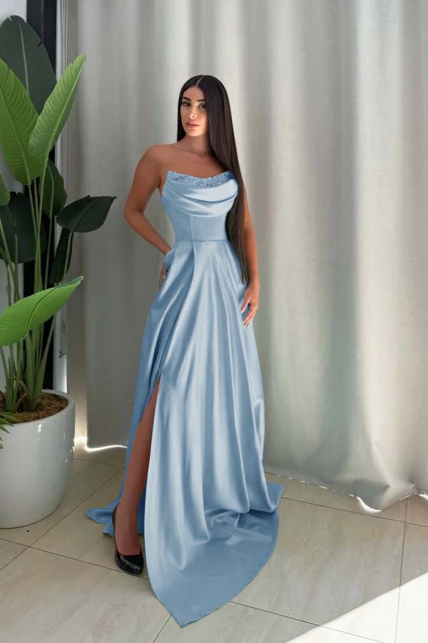 Strapless Sleeveless Long Split Prom Dress With Pleated Sequin
