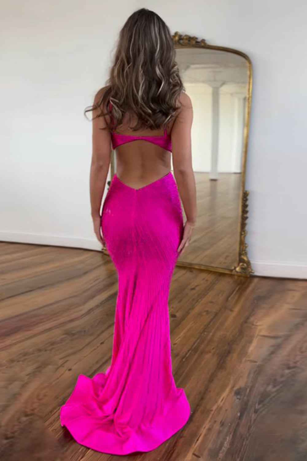 Glitter Yellow Spaghetti Straps Mermaid Cut-Out Long Prom Dress with Beading