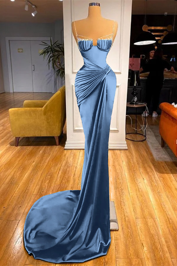 Mermaid Dark Green Spaghetti Strap Sleeveless Long Prom Dress With Beadings