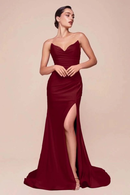 Strapless Sleeveless Long High Split Prom Dress With Pleated