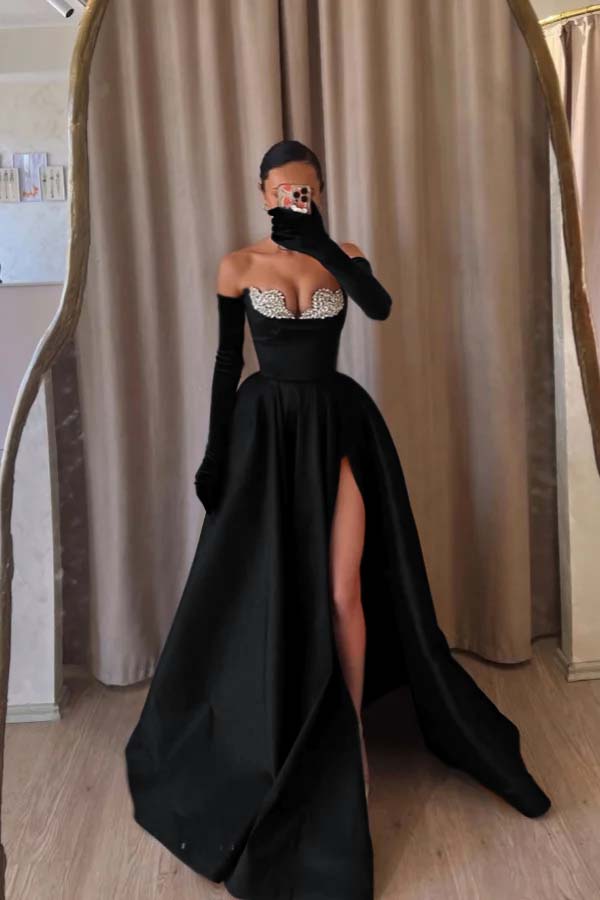 Strapless Sleeveless Long Split Prom Dress With Beading Long Gloves