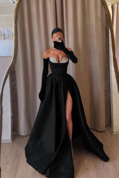 Strapless Sleeveless Long Split Prom Dress With Beading Long Gloves