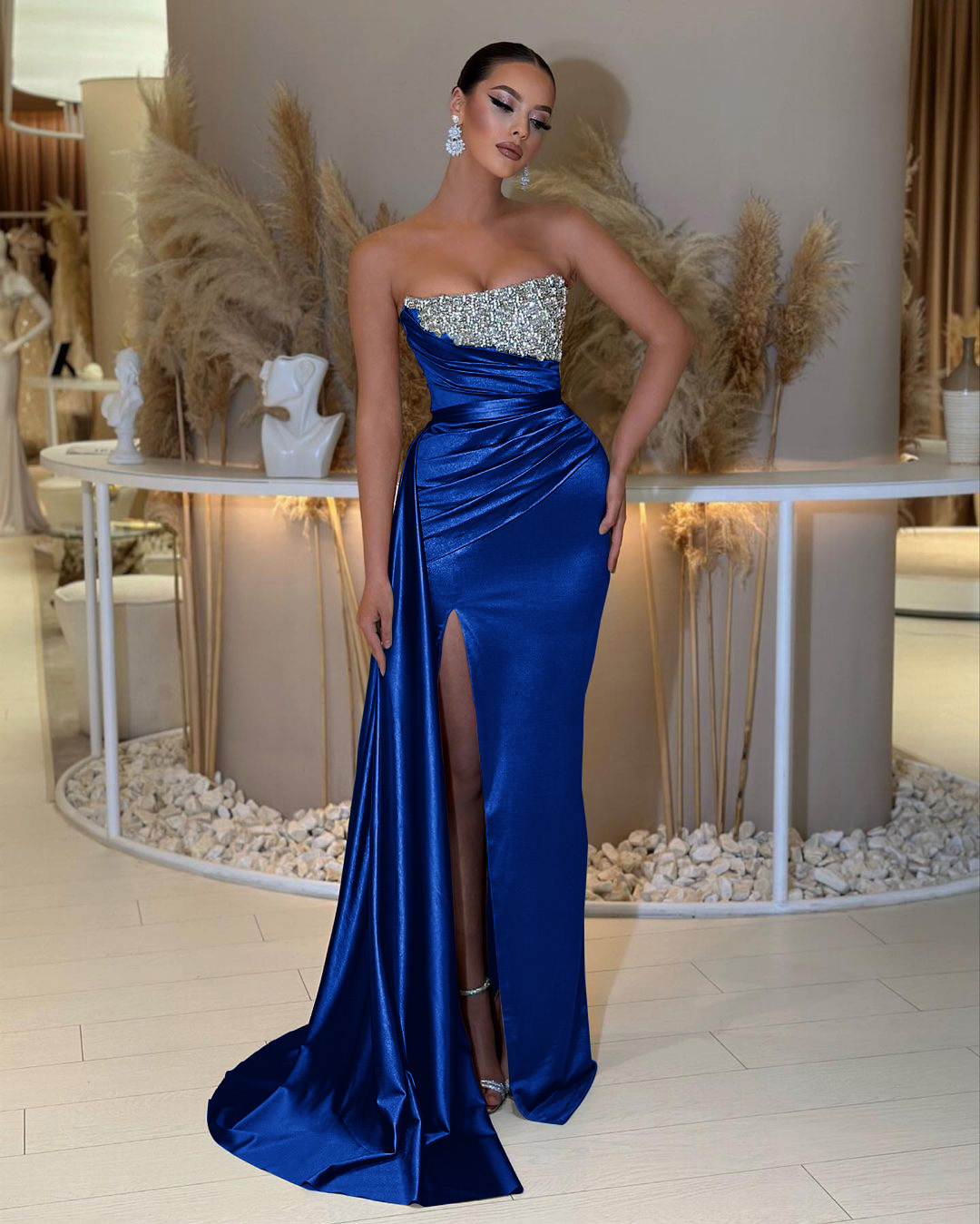 Charming Strapless Sleeveless Beading Sleeveless Split Prom Dress with Ruffles