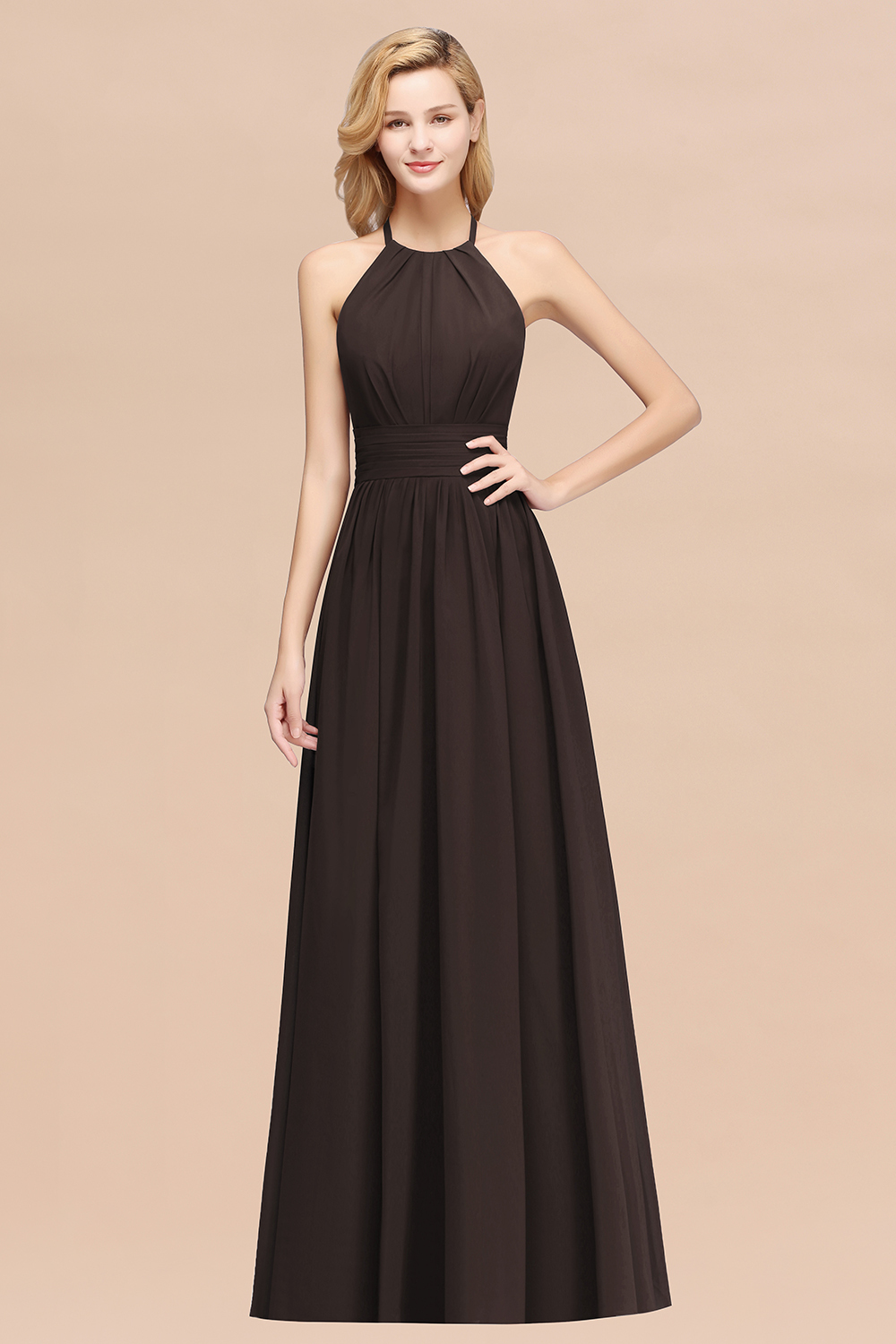 BMbridal Elegant High-Neck Halter Long Affordable Bridesmaid Dresses with Ruffles-BMbridal