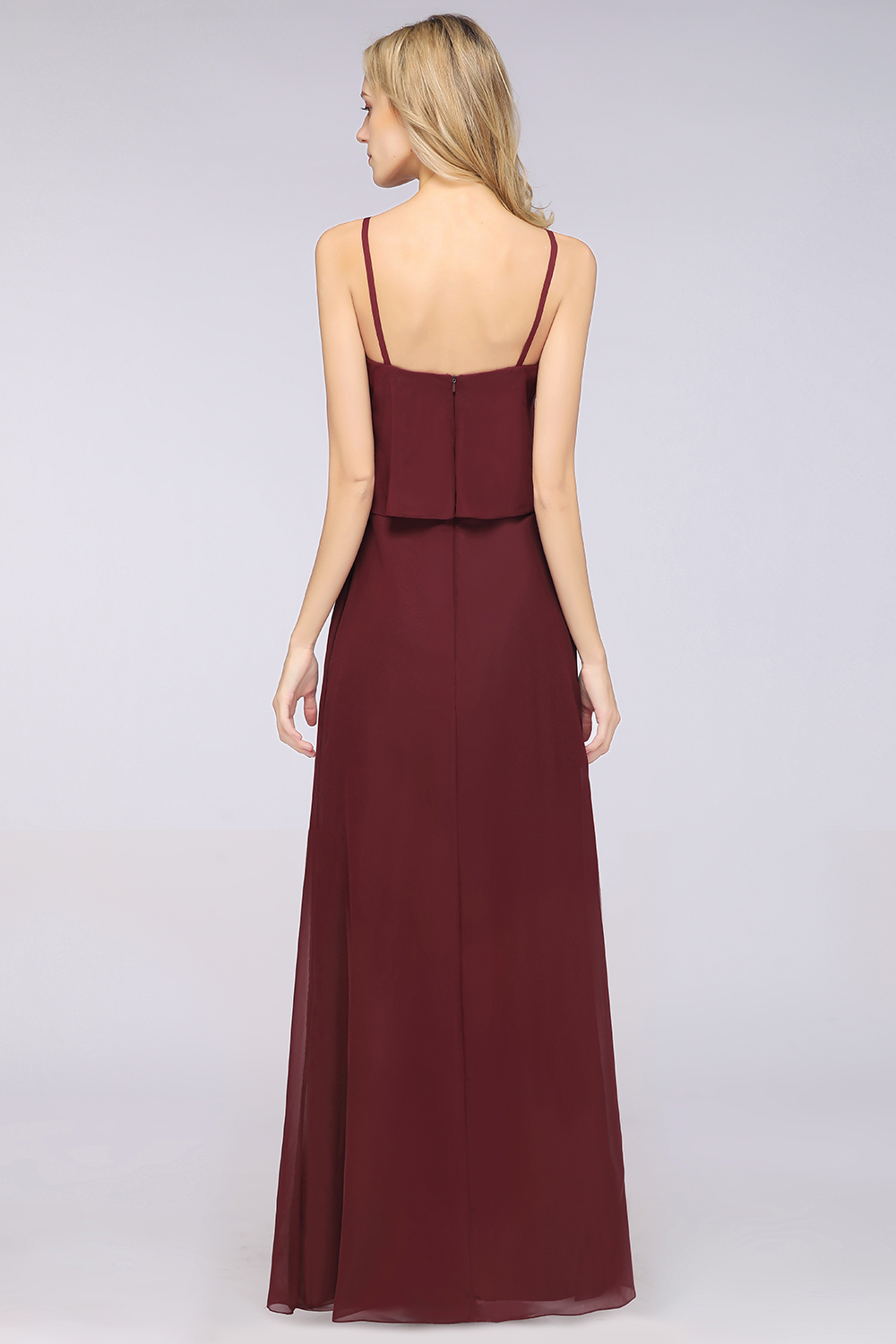 BMbridal Affordable Spaghetti-Straps V-Neck Burgundy Chiffon Bridesmaid Dresses-BMbridal