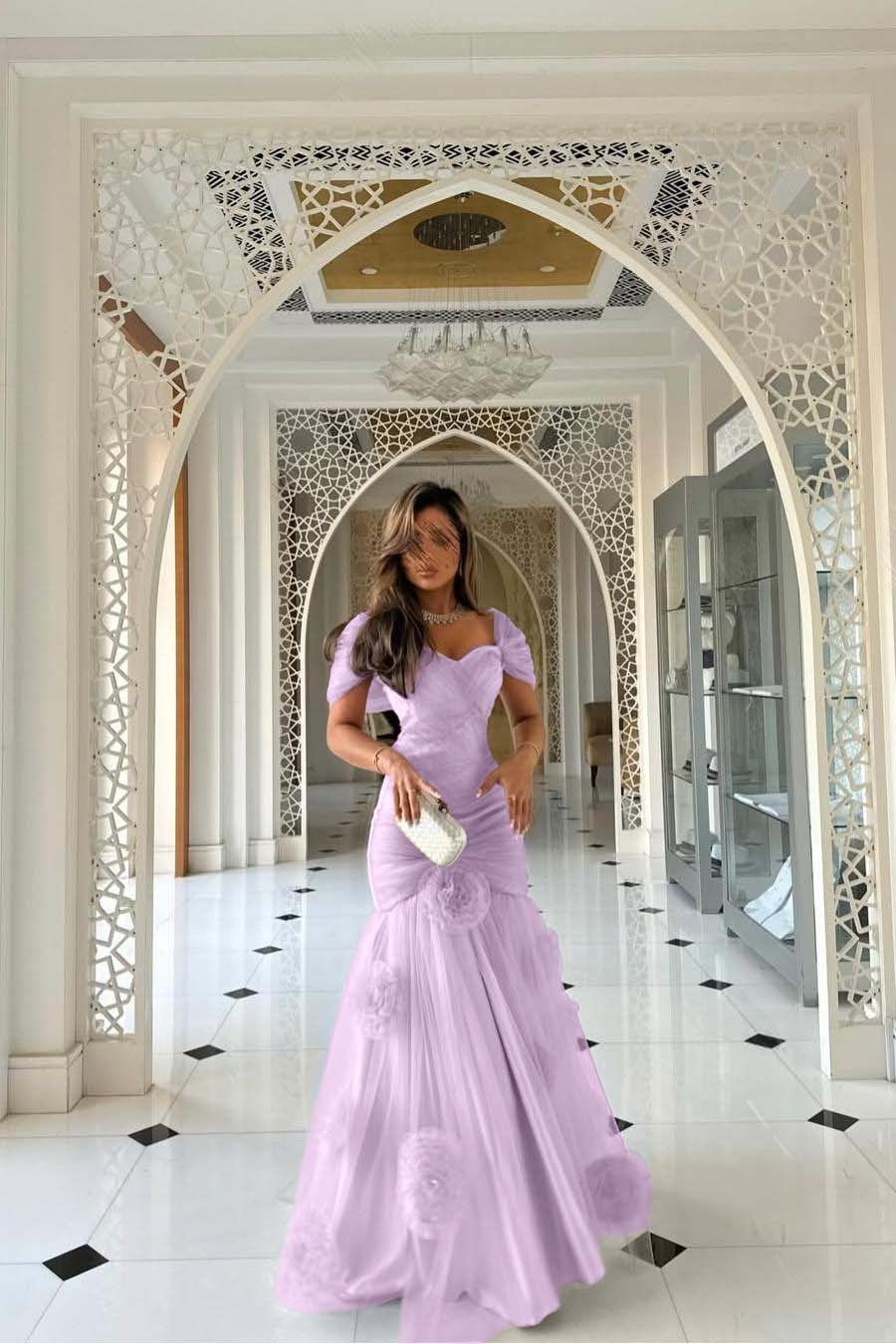 Sweetheart Short Sleeves Long Mermaid Prom Dress With Pleated