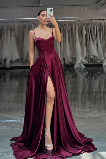 Spaghetti Strap Sleeveless Long Split Prom Dress With Pleated