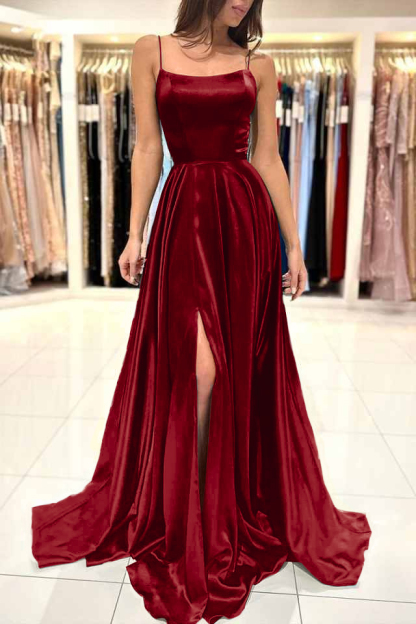 Spaghetti Strap Split Simple Long Prom Dress Green A Line