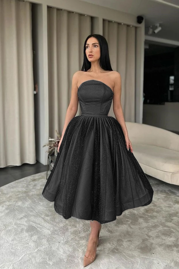 Black Tulle Strapless Sleeveless Tea Length A Line Prom Dress