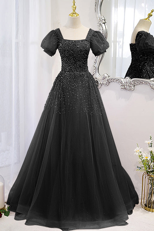Chic Lace Up Prom Dress Beadings A Line Short Sleeves With Square Online