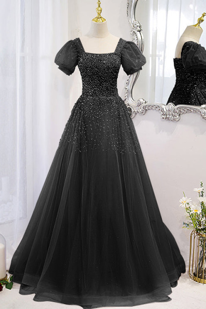 Chic Lace Up Prom Dress Beadings A Line Short Sleeves With Square Online
