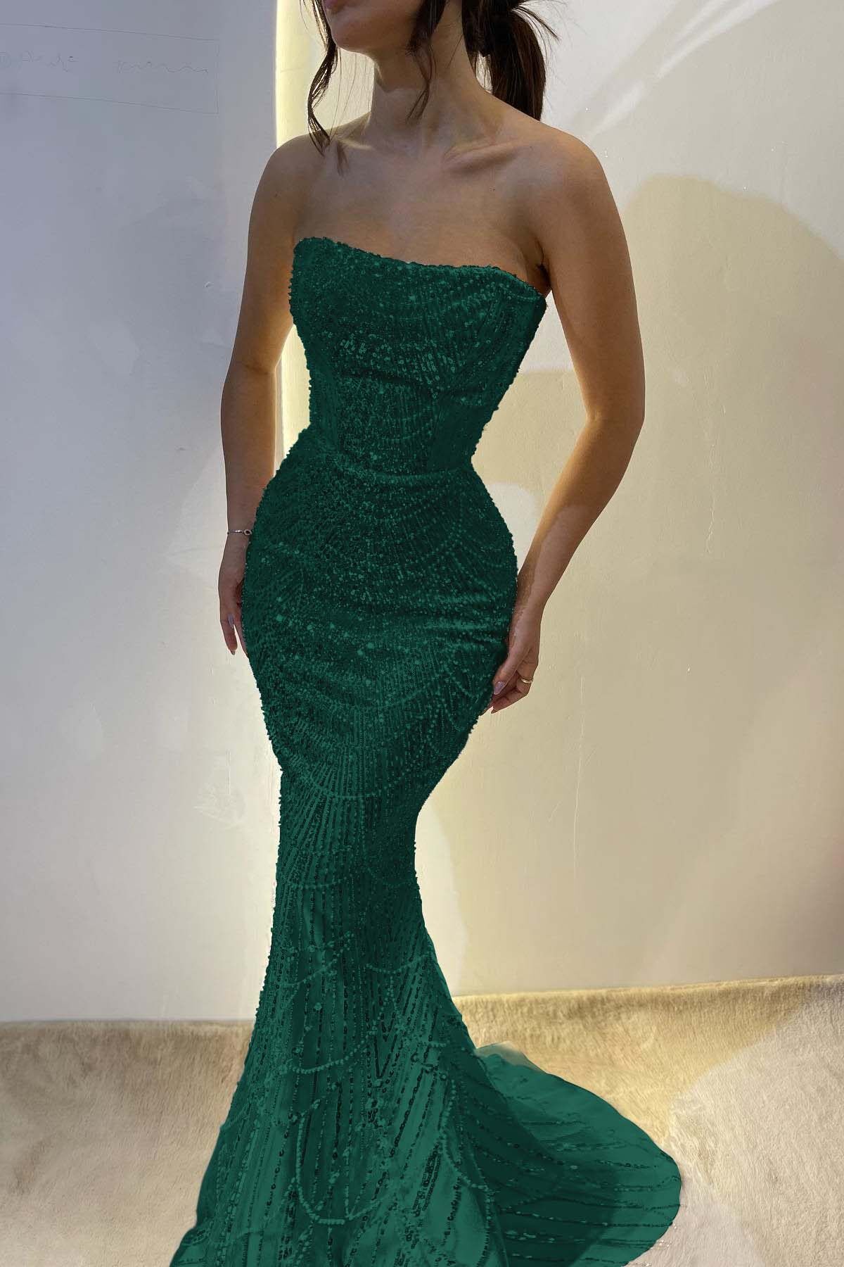 Chic Strapless Sleeveless Long Mermaid Prom Dress With Sequins