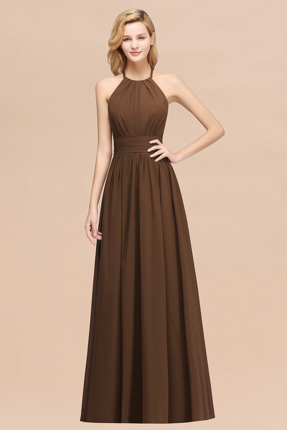 BMbridal Elegant High-Neck Halter Long Affordable Bridesmaid Dresses with Ruffles-BMbridal