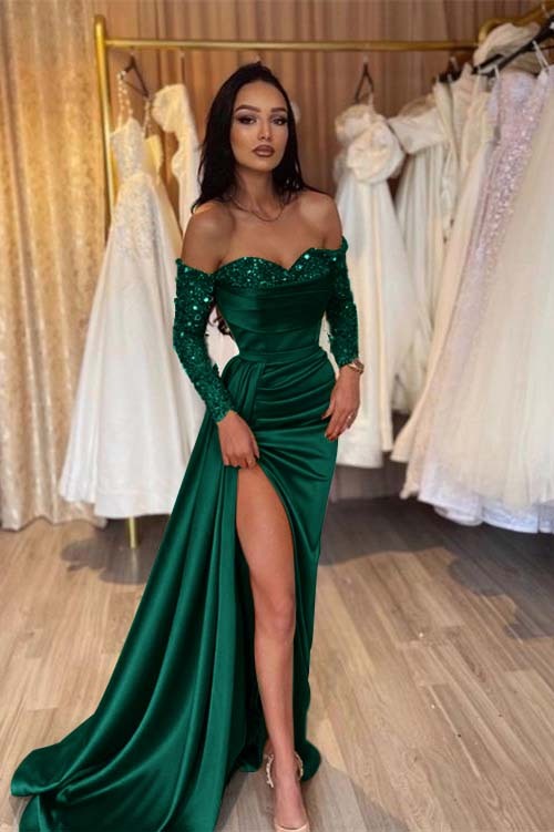 Off the Shoulder Long Sleeves Long Mermaid Prom Dress With Pleated