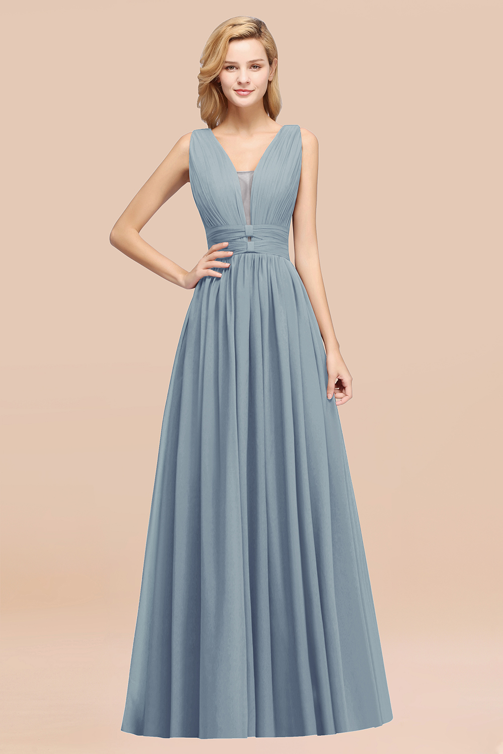 BMbridal Modest Dark Green Long Bridesmaid Dress Deep V-Neck Chiffon Maid of Honor Dress-BMbridal