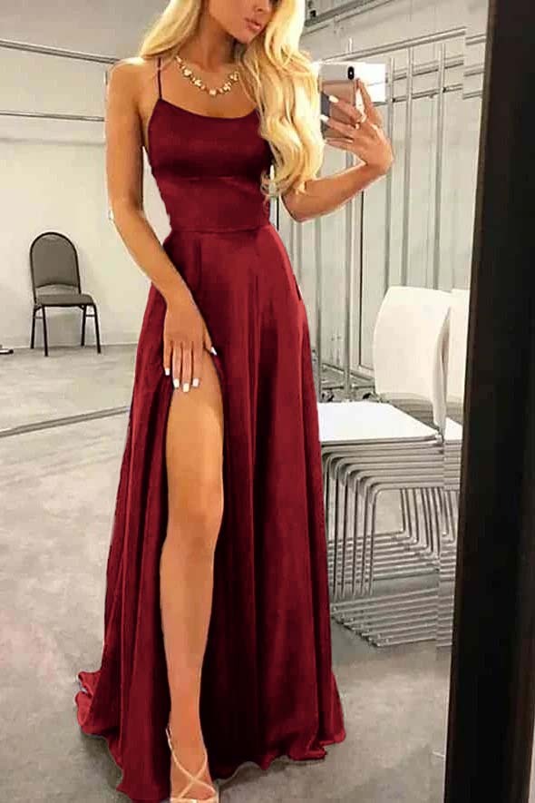 Spaghetti Strap Sleeveless Long Prom Dress With High Split Ruffles