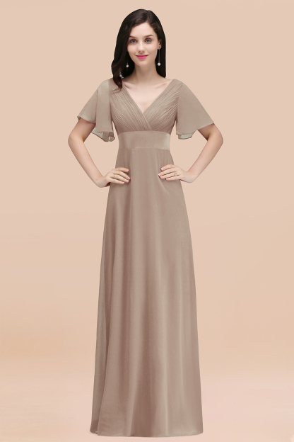 BMbridal Affordable V-Neck Ruffle Long Burgundy Bridesmaid Dress With Short-Sleeves-BMbridal