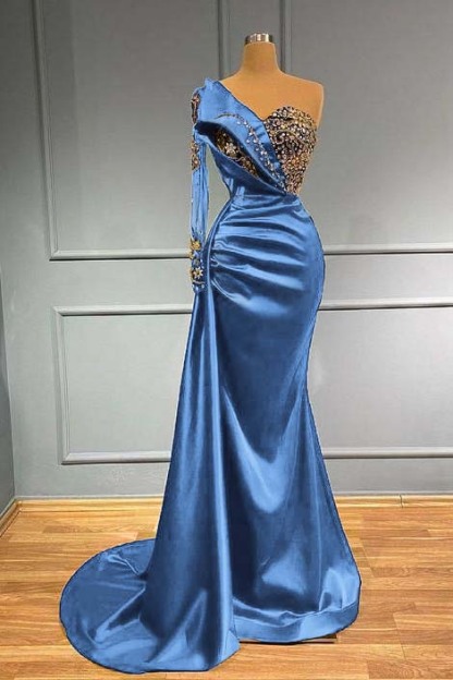 Dark Blue Long Sleeve One Shoulder Pleated Mermaid Prom Dress With Beadings
