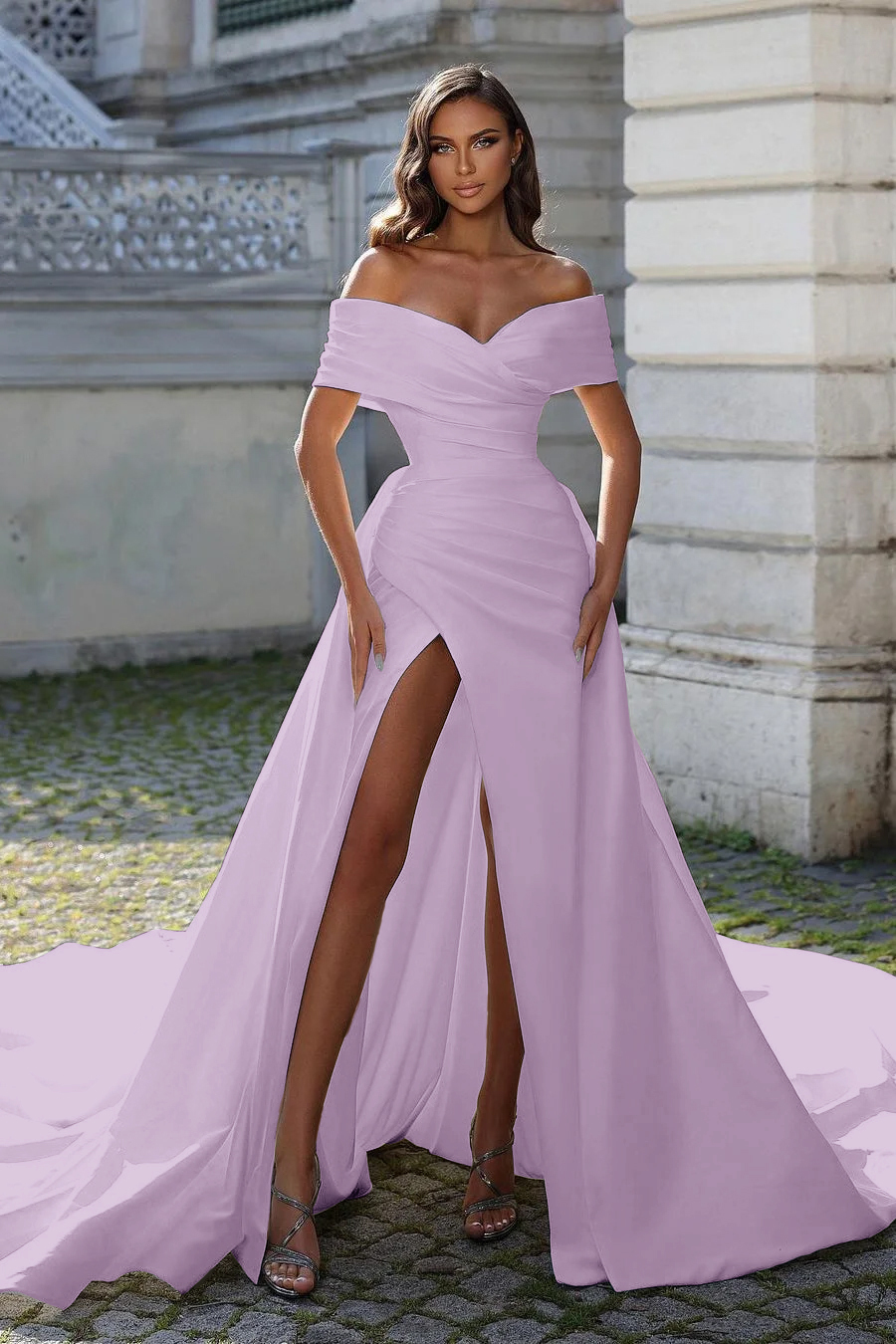 Off the Shoulder Sleeveless High Split Long Prom Dress With Pleated