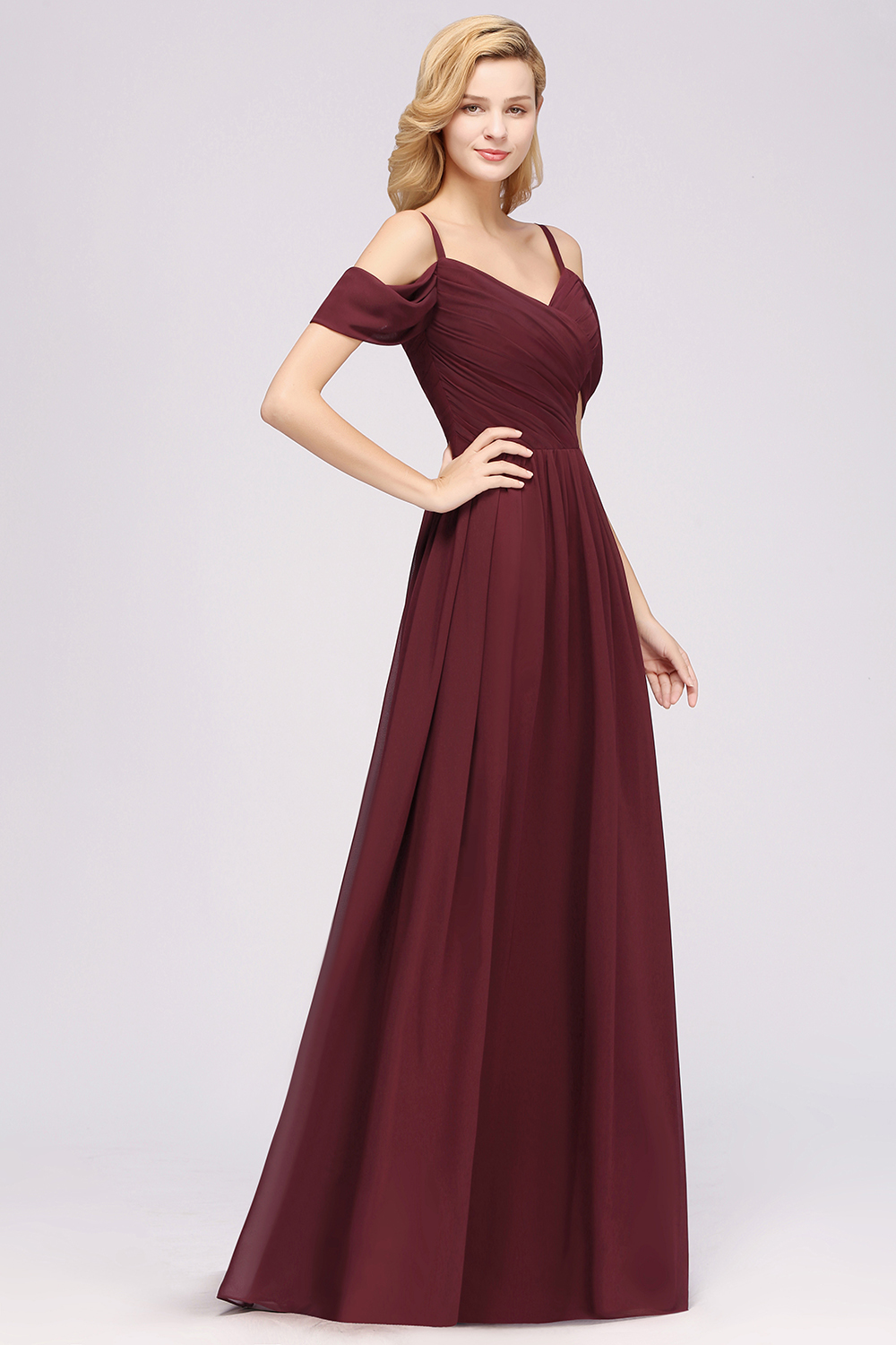 BMbridal Chic Off-the-shoulder Burgundy Bridesmaid Dress with Spaghetti Straps-BMbridal