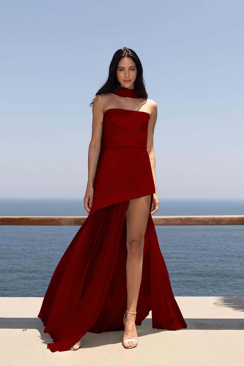 Strapless Sleeveless Split Long Prom Dress With Pleated Tulle