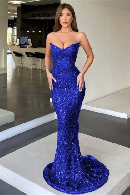 Black Strapless Sleeveless Long Mermaid Prom Dress With Sequins