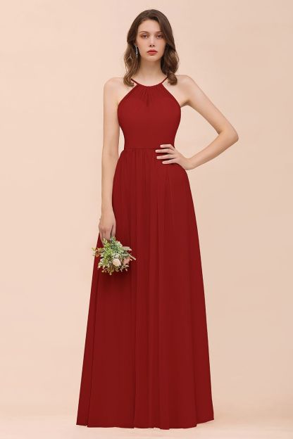 BMbridal Gorgeous Chiffon Halter Ruffle Affordable Long Bridesmaid Dress-BMbridal