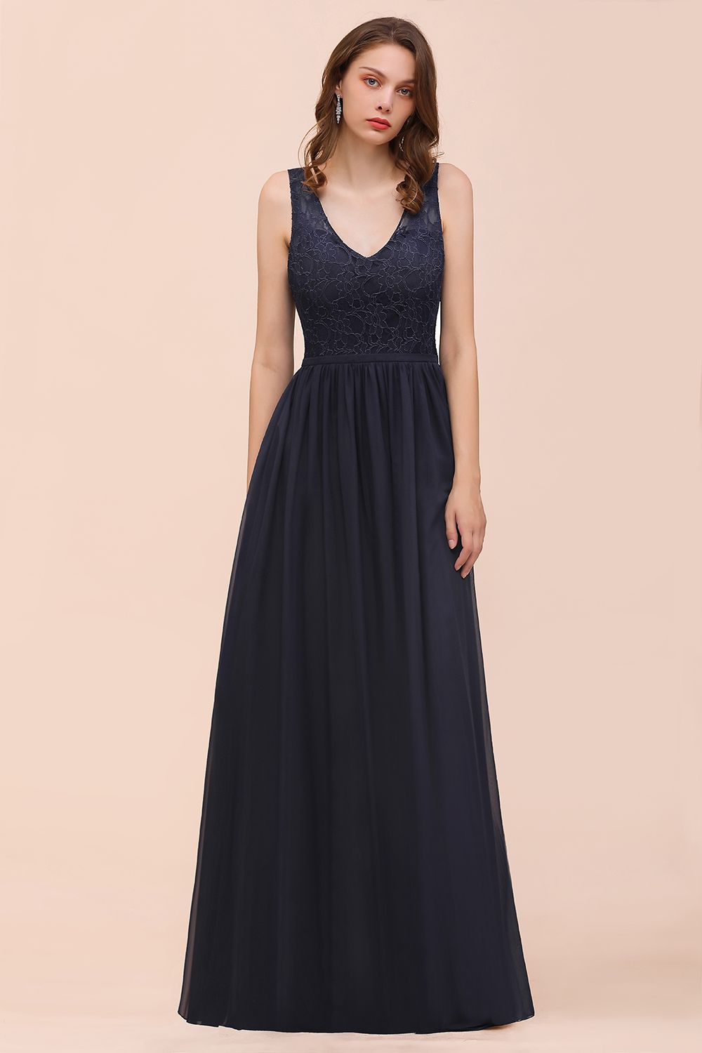 BMbridal Affordable Lace V-Neck Navy Bridesmaid Dress with Open Back-BMbridal