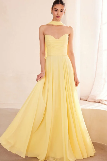 Chiffon Strapless Sleeveless Long A Line Prom Dress With Pleated