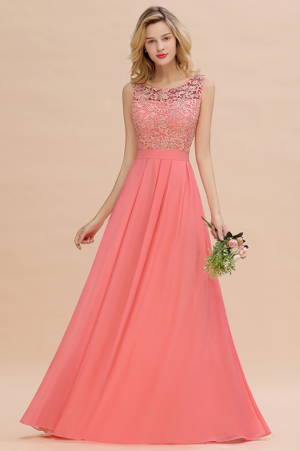 BMbridal Exquisite Lace Scoop Sleeveless Bridesmaid Dresses Online with Ruffle-BMbridal