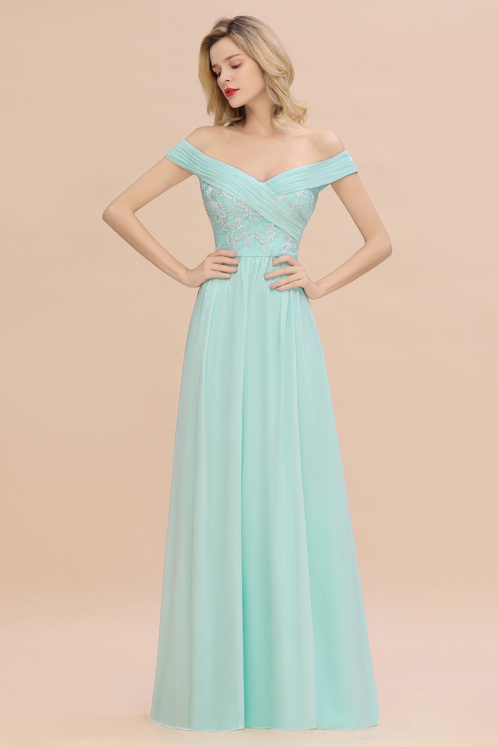 BMbridal Simple Off-the-shoulder Long Affordable Bridesmaid Dress With Appliques-BMbridal