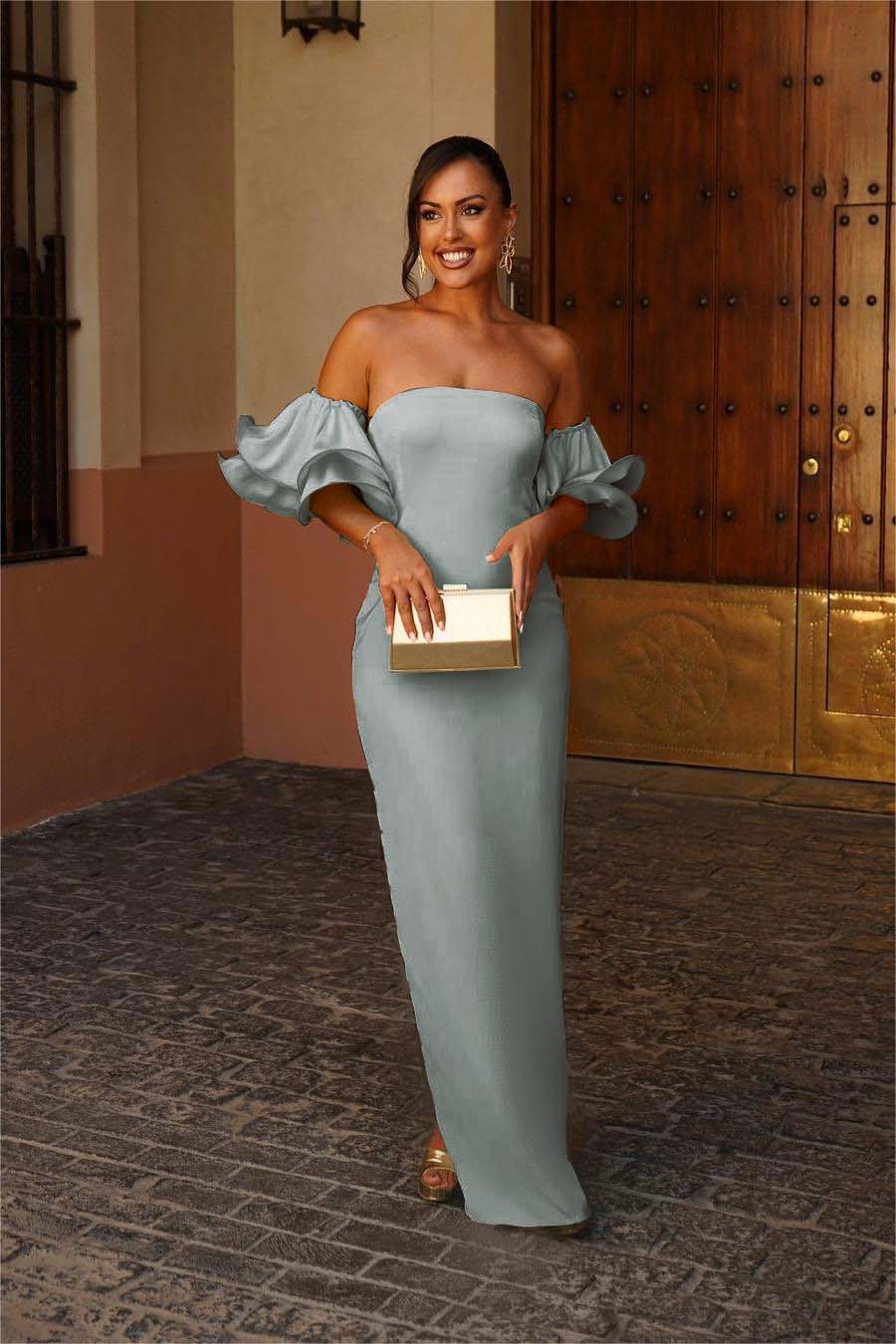 Strapless Bubble Sleeves Mermaid Long Prom Dress With Pleated