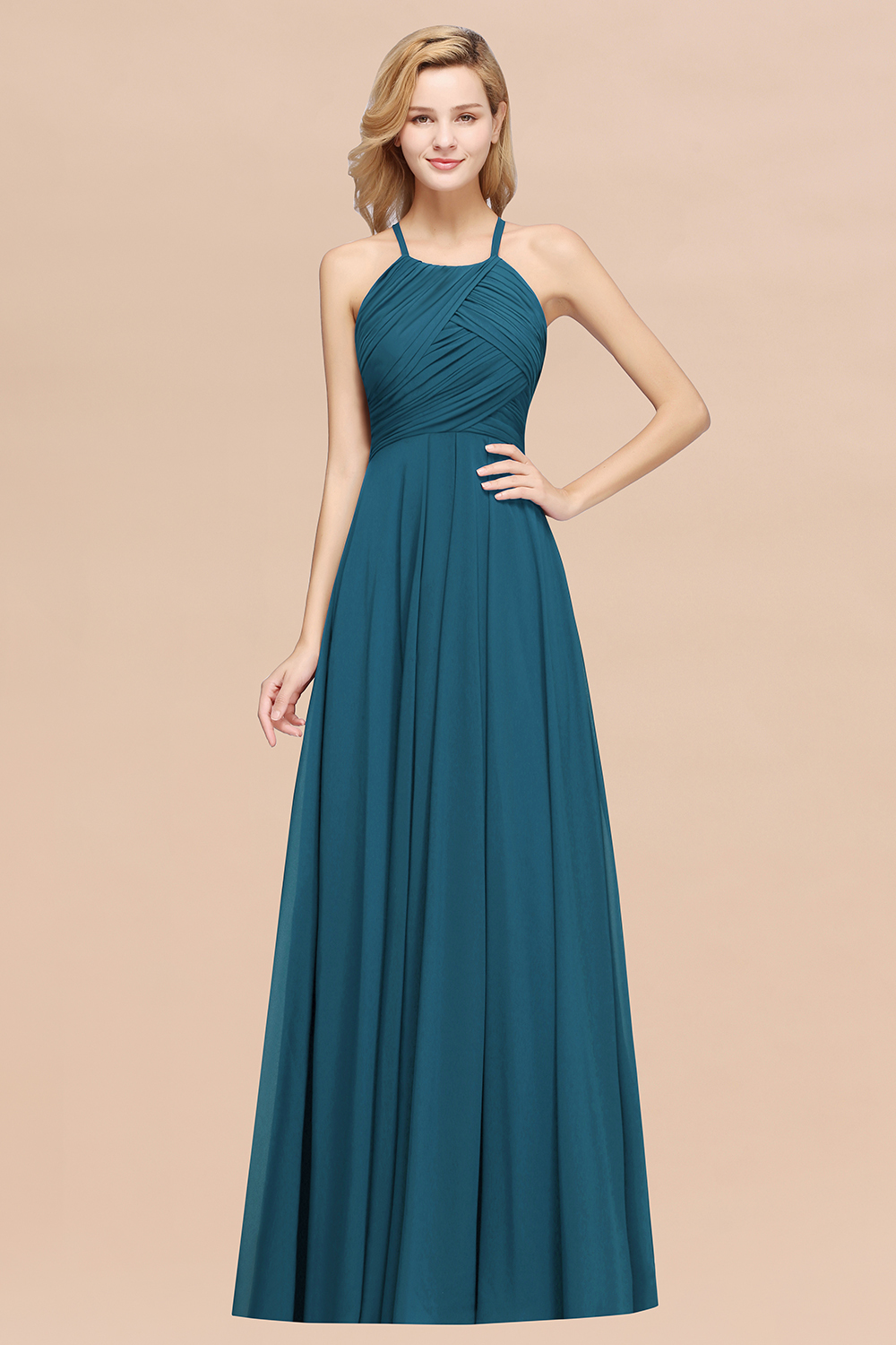 BMbridal Halter Crisscross Pleated Bridesmaid Dress Blue Chiffon Sleeveless Maid of Honor Dress-BMbridal