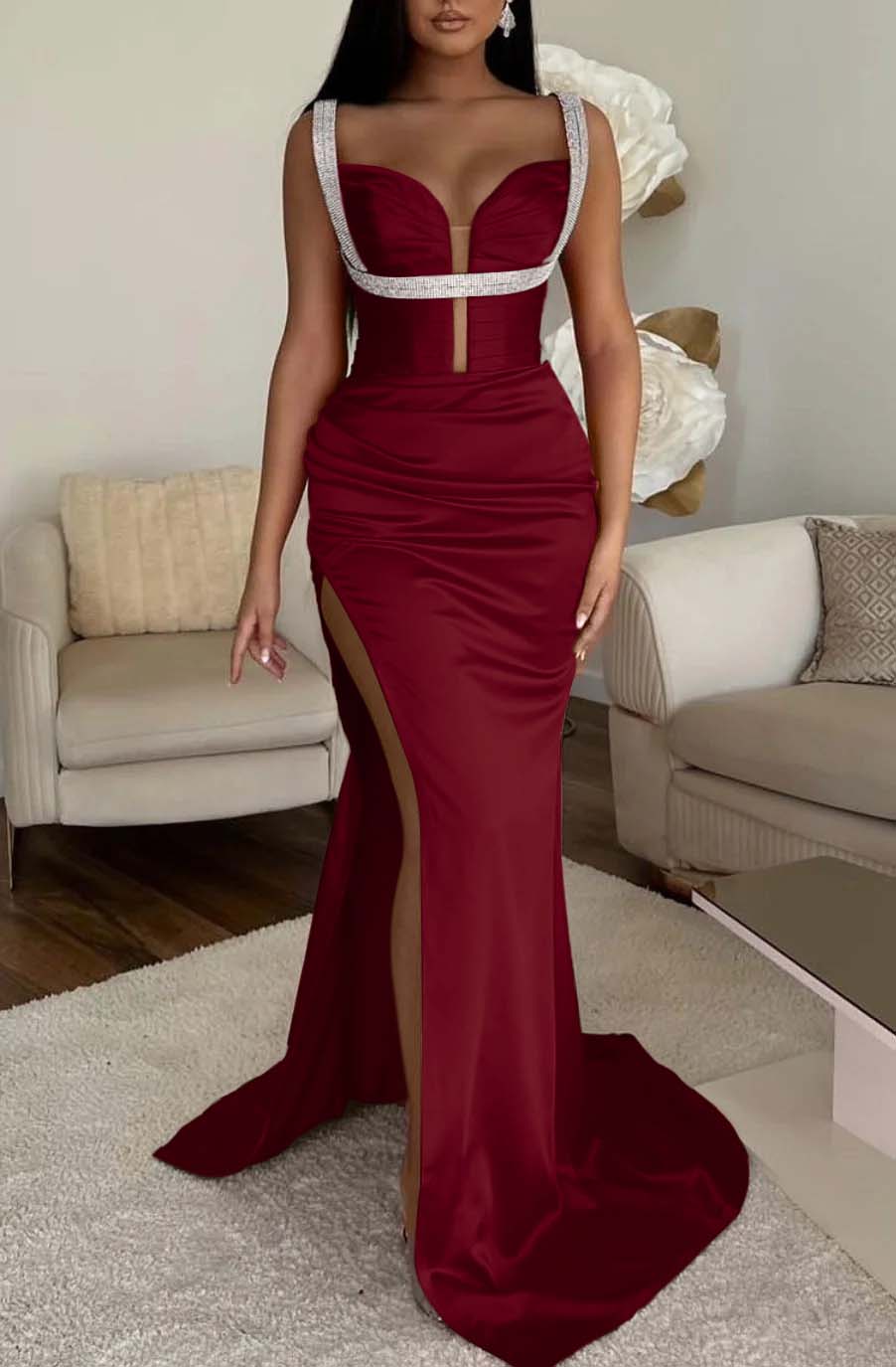 Mermaid Prom Dress Spaghetti Strap Fuchsia With High Split Sleeveless