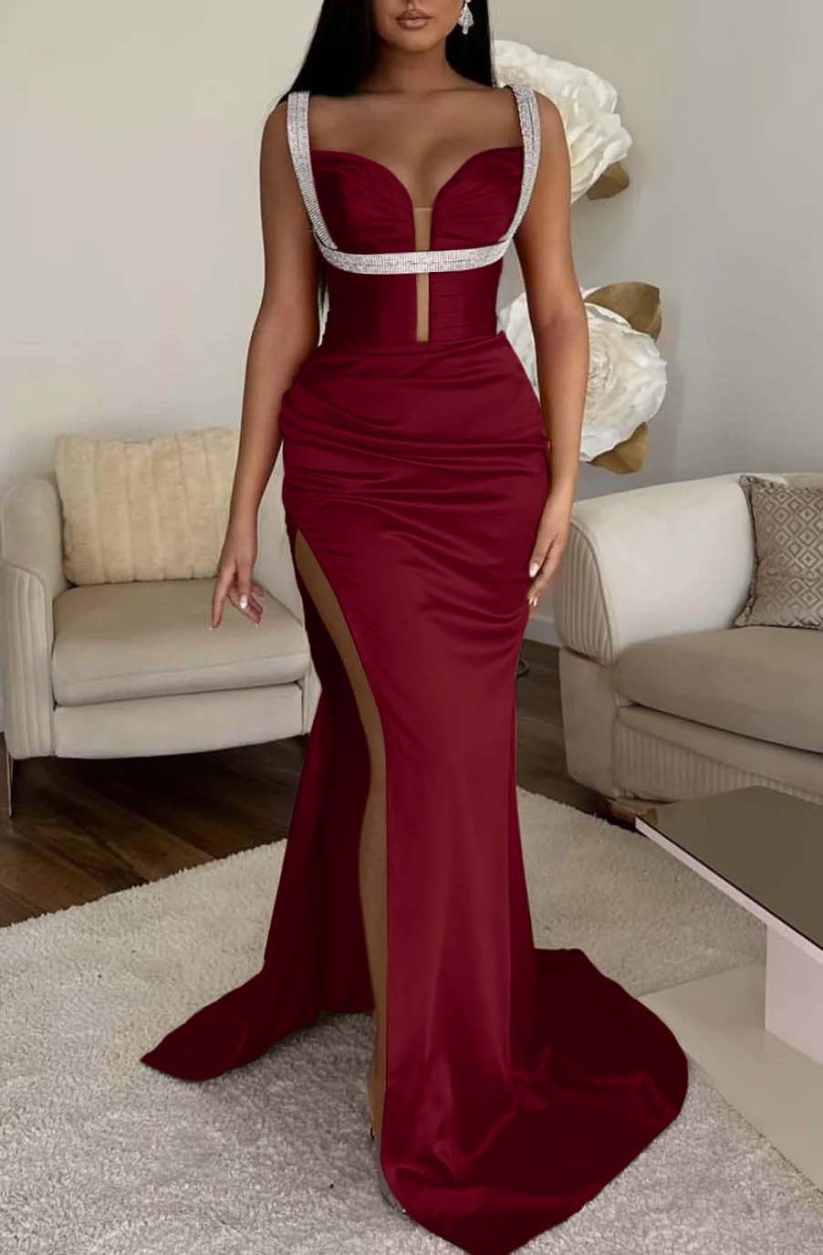 Mermaid Prom Dress Spaghetti Strap Fuchsia With High Split Sleeveless