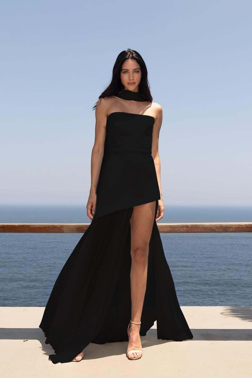 Strapless Sleeveless Split Long Prom Dress With Pleated Tulle