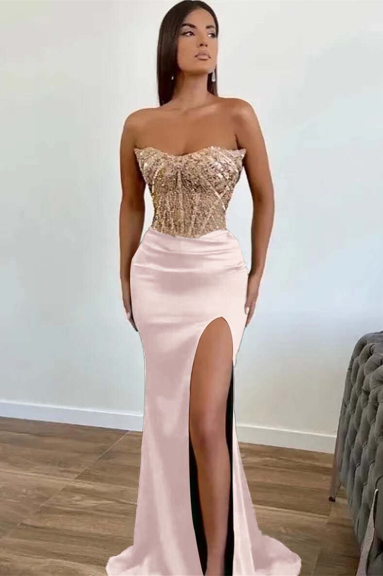 Green Appliques Beadings Mermaid Long Prom Dress Front Split With Strapless