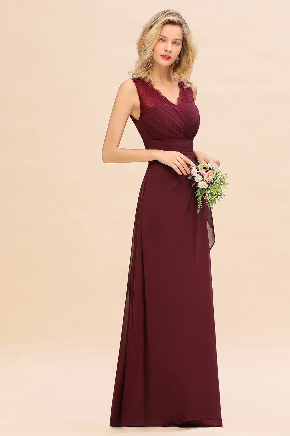 BMbridal Elegant Lace V-Neck Burgundy Chiffon Bridesmaid Dresses with Ruffle-BMbridal