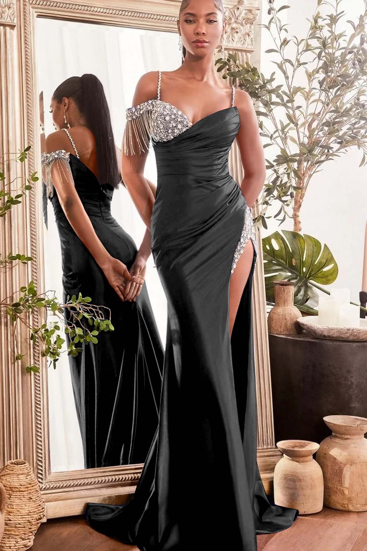 Spaghetti Strap Sleeveless Split Long Mermaid Prom Dress With Beading