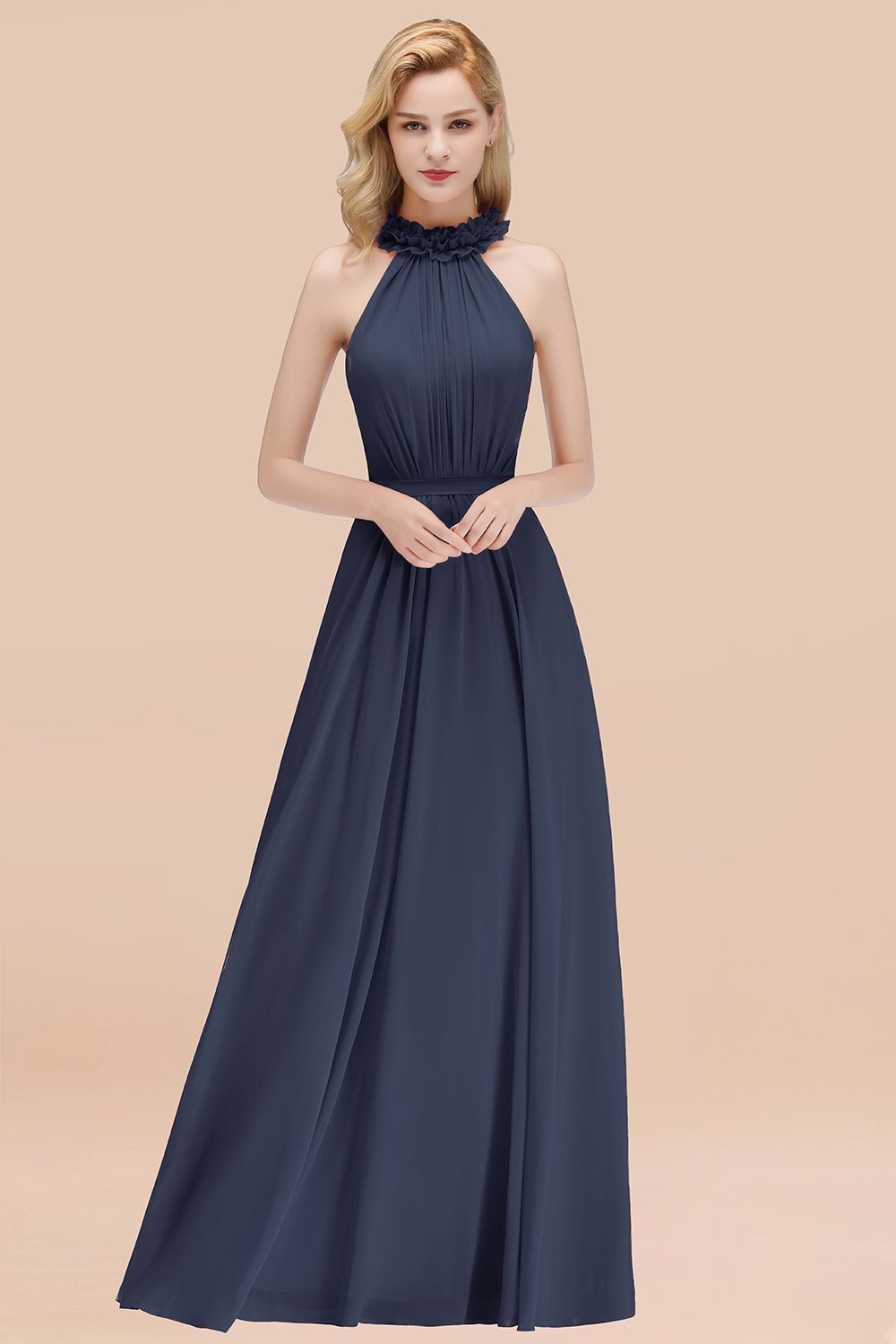 BMbridal Modest High-Neck Halter Ruffle Chiffon Bridesmaid Dresses Affordable-BMbridal