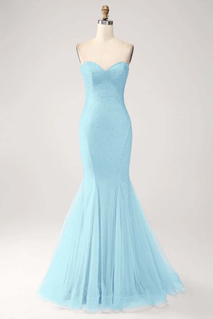 Strapless Sleeveless Long Mermaid Prom Dress With Beading Tulle