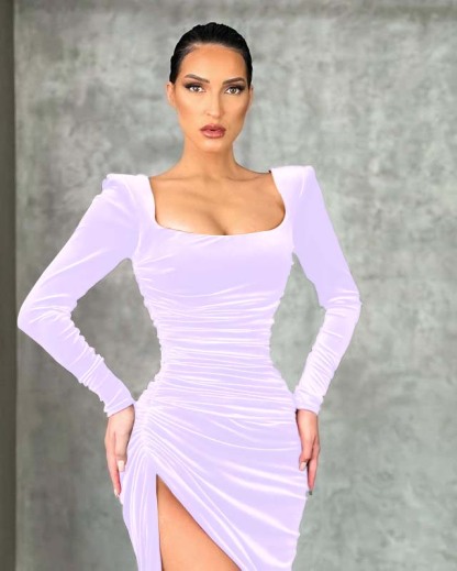 Mermaid Burgundy Long Sleeves Square Neck Prom Dress With High Split