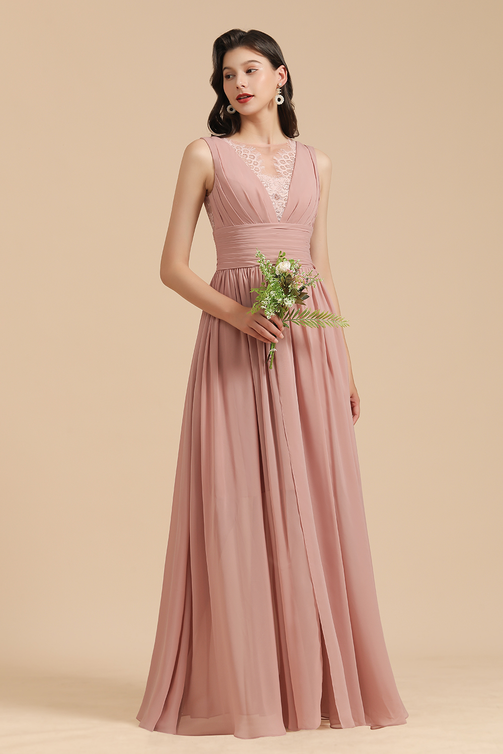 BMbridal Dusty Rose Chiffon V-Neck Bridesmaid Dress Long-BMbridal