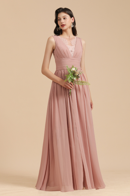 BMbridal Dusty Rose Chiffon V-Neck Bridesmaid Dress Long-BMbridal