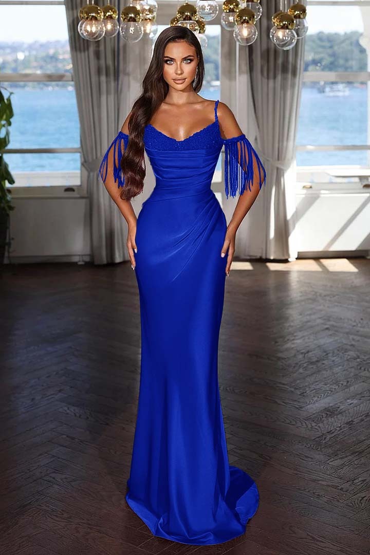 Off the Shoulder Sleeveless Mermaid Long Prom Dress With Tassel